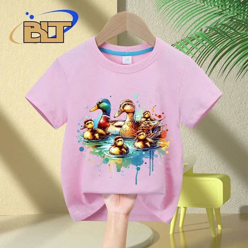 Camiseta infantil de algodão de manga curta, pato aquarela, estampa familiar, tops casuais para meninos e meninas, verão