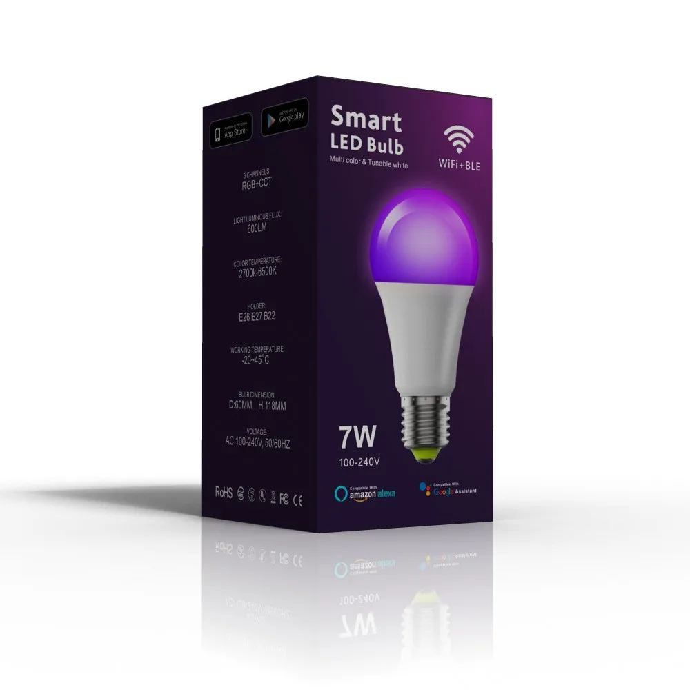 ZAOXI 7W 100-264V Smart WiFi Bluetooth Afstandsbediening RGB-lampen Google Home Amazon Alexa Dimbaar 2700K ~ 6500K LED-lamp