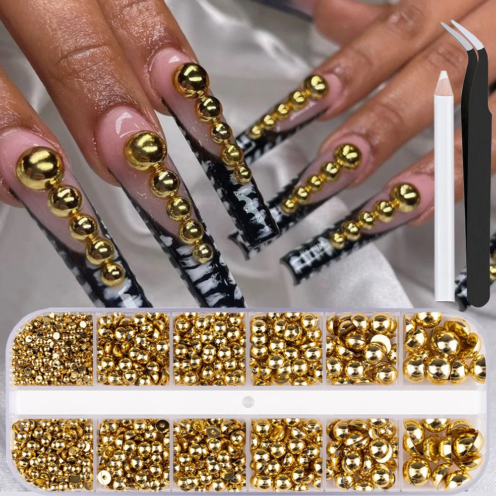 12 rejillas 3D 2-8mm cuentas de acero semicirculares accesorios de decoración de uñas oro plata parte posterior plana perla Caviar bola dijes de uñas Y2K decoración de uñas