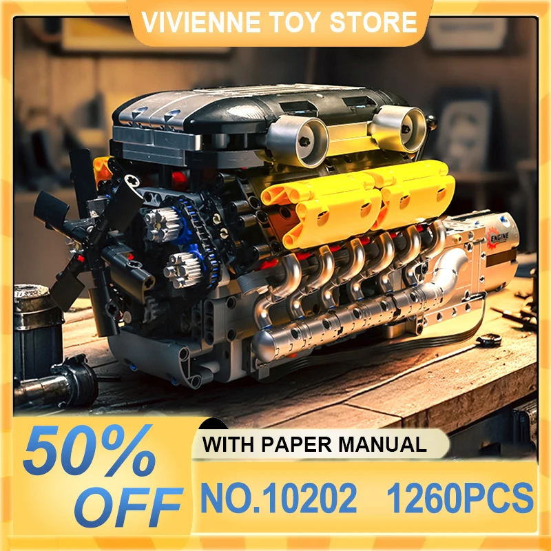 

Mould King 10202 Technical Car Engine Building Blocks Motorized Supercar V12 Engine Transmission Bricks Toy Gfit For Kids Adults