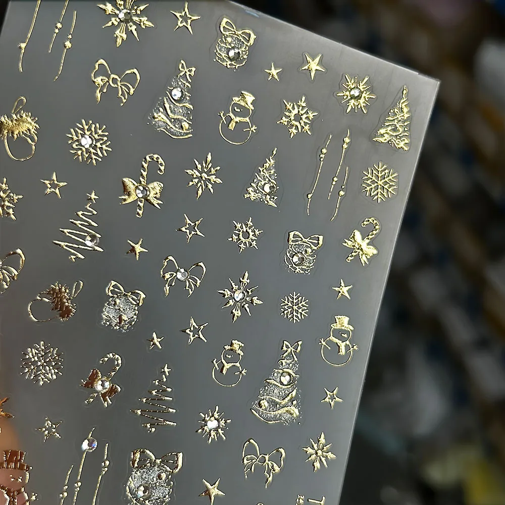 1 pièces strass doré flocon de neige nœud papillon étoile ongles décalcomanies doré arbre de noël Nail Art autocollants belle wapiti manucure curseurs