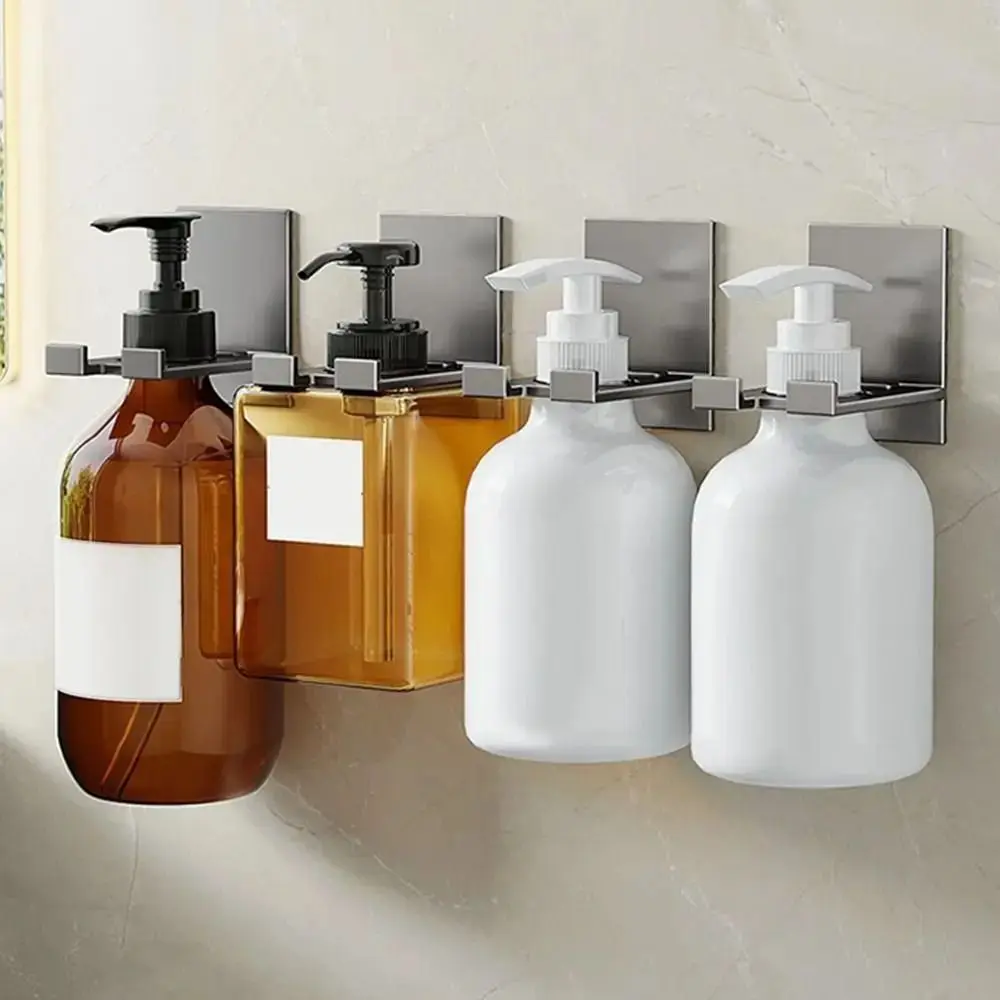 

2pcs Durable Wall Mount Soap Bottle Holder Aluminum 2pcs Shower Gel Bottle Hanger Hook Holder Drill-Free Installation