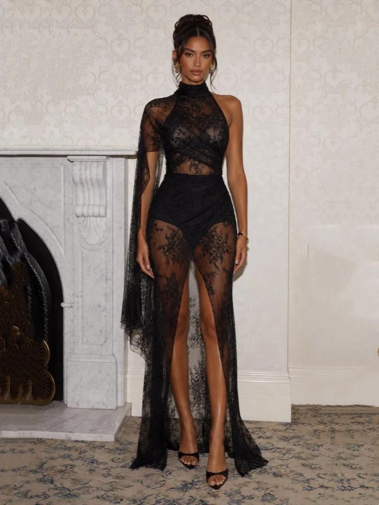 Sexy High Neck Lace See Through Draped Folds Split Maxi Dress Women Black Sleeveless Backless Folds Dresses Evening Party Gown