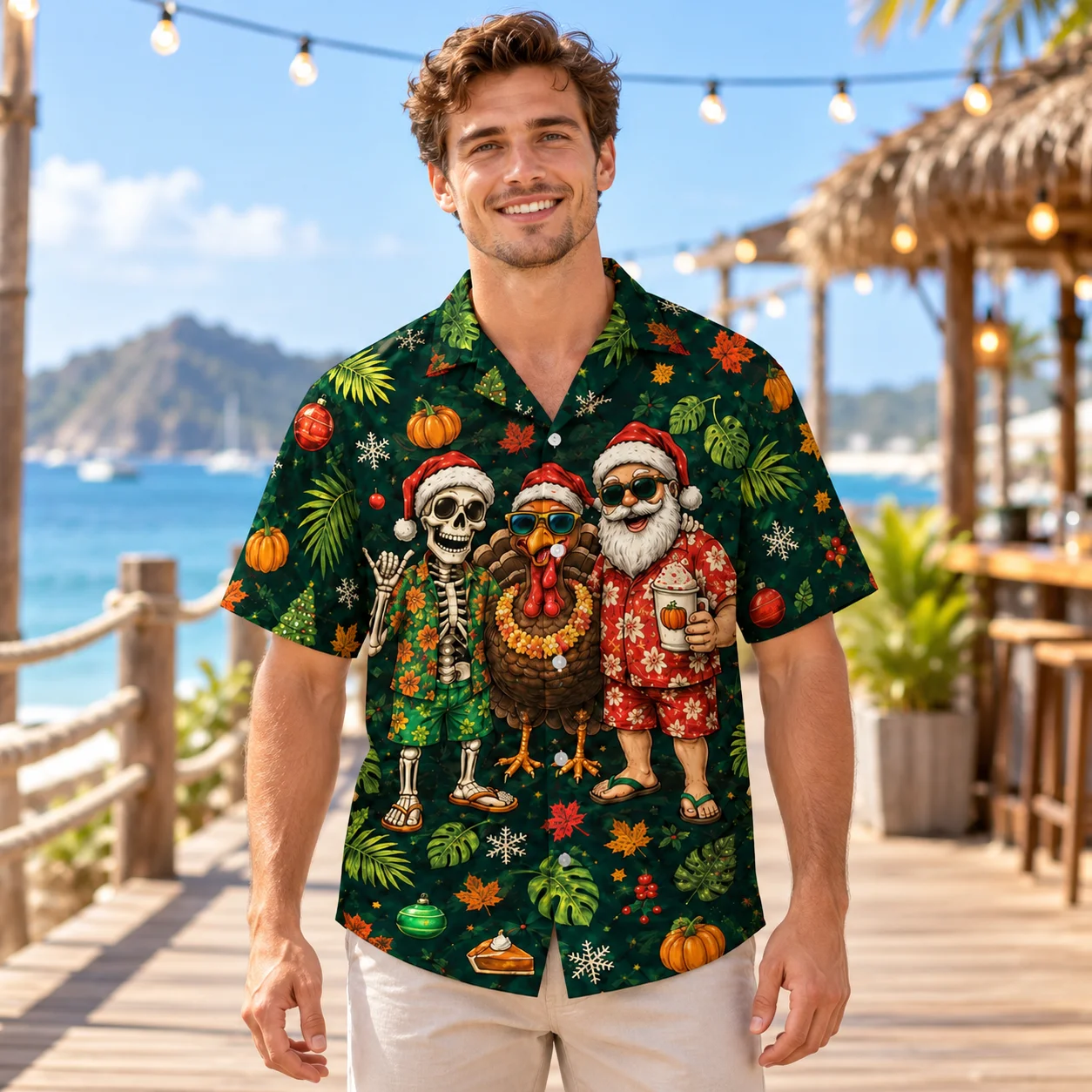 Blouses Santa Skeleton and Turkey Christmas Hawaiian Shirt Dark Tropical Prints Holiday Shirts Short Sleeve Button Up Party Wear