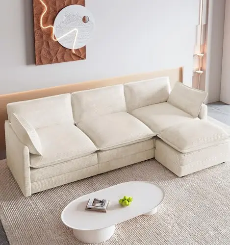 

112'' Oversized Modular Sectional Cloud Couch with Movable Ottoman, 4 Seat Modern Corduroy Sofa, Deep Seat L Shaped