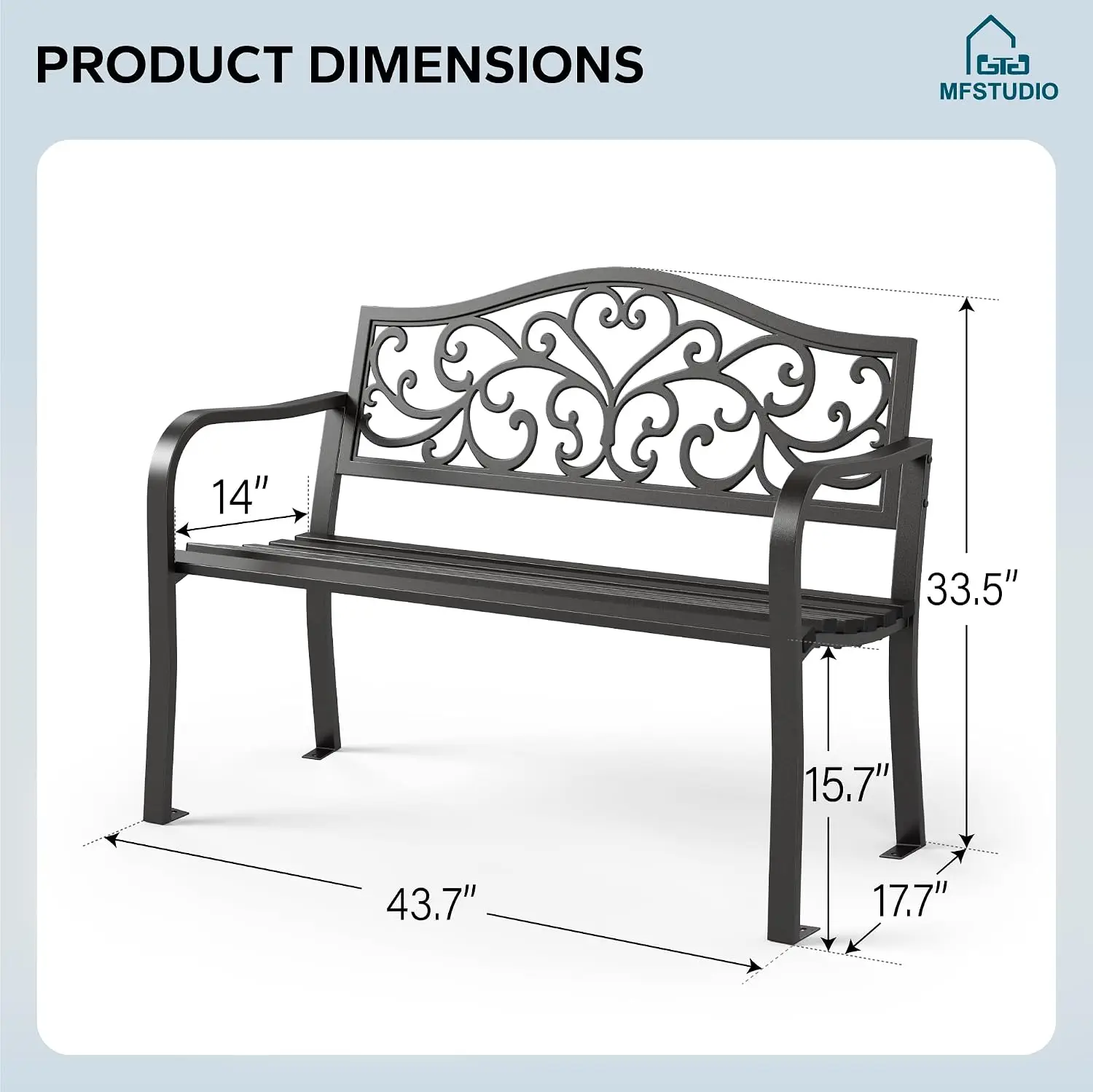 43.7 Inches Cast Iron Outdoor Garden Bench, Floral Backrest, Black, Customized