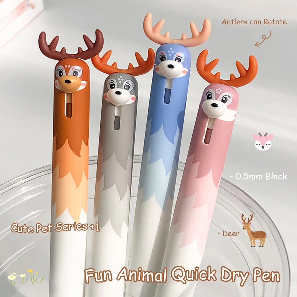 

4 Cute Pet Deer Gel Pens 0.5mm Fun Animal Quick Dry Pens Stylish Minimalist Black Pens for Study & Office Use