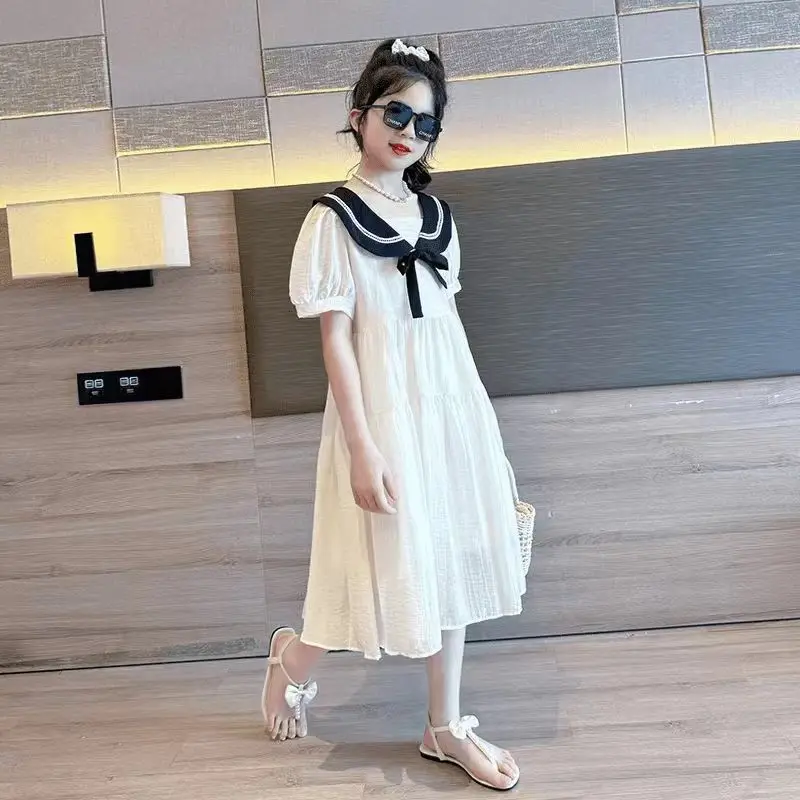 Parent-Child Outfit2025Girls' Summer Dress for Big Kids, Stylish and High-End Feel, Teenage Girls' College Style Dress