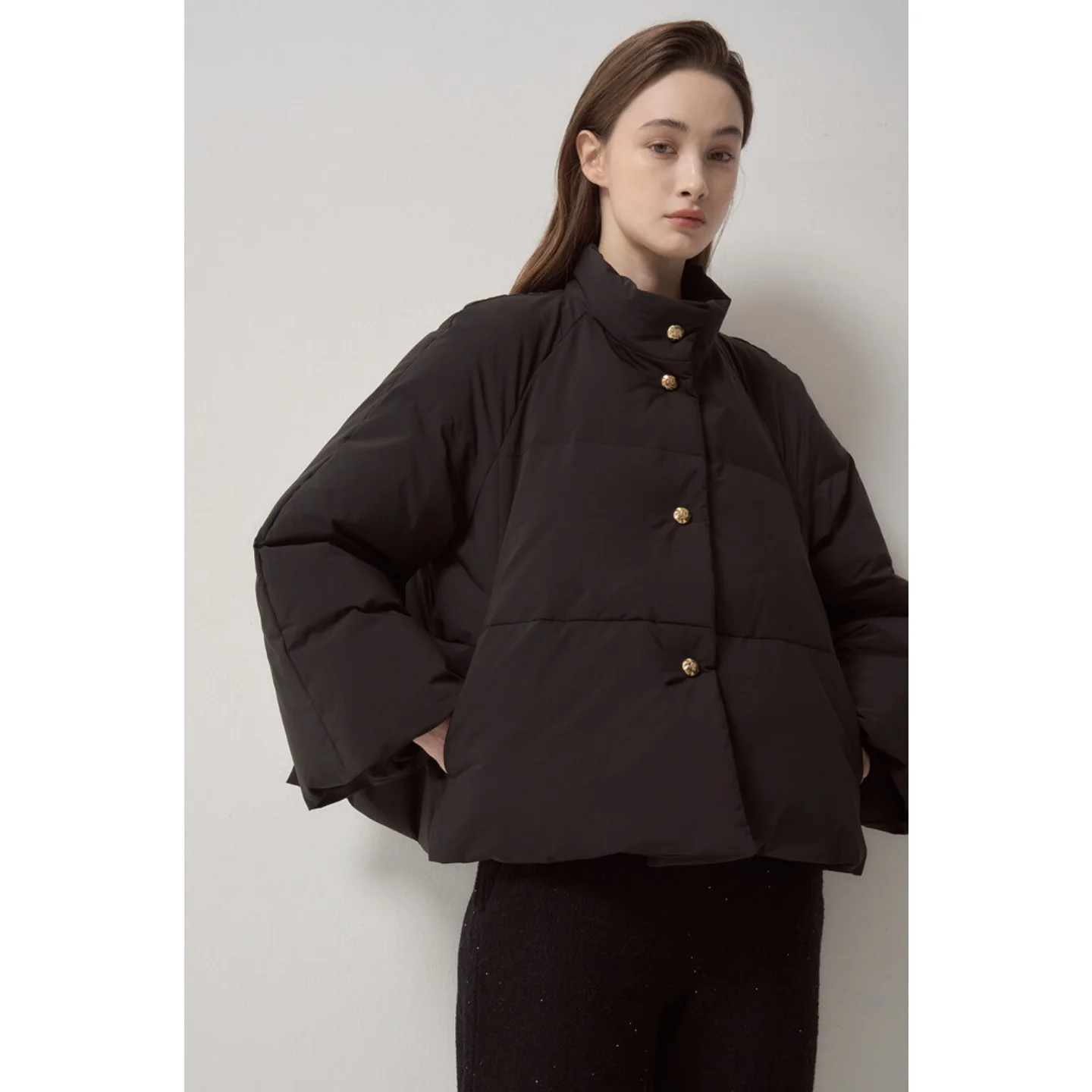 Thickened Goose down Parka Coat Stand Collar Drawstring Commuter Versatile Women's Winter Warm Fleece Outerwear Jacket