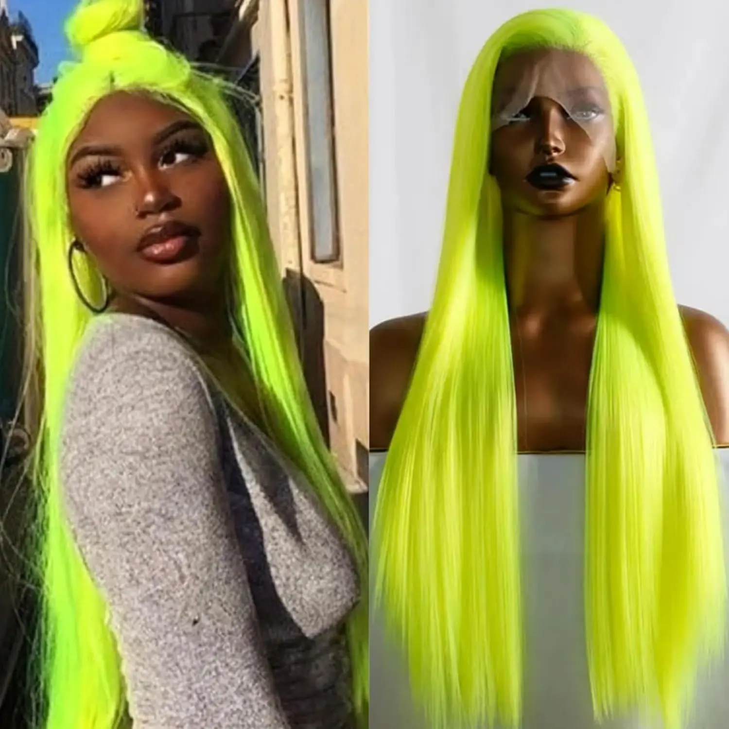 13X4 Neon Green Wig Straight Synthetic Lace Front Wig Long Silky Fluorescent Yellow Colored Hair Frontal Wigs for Women Party