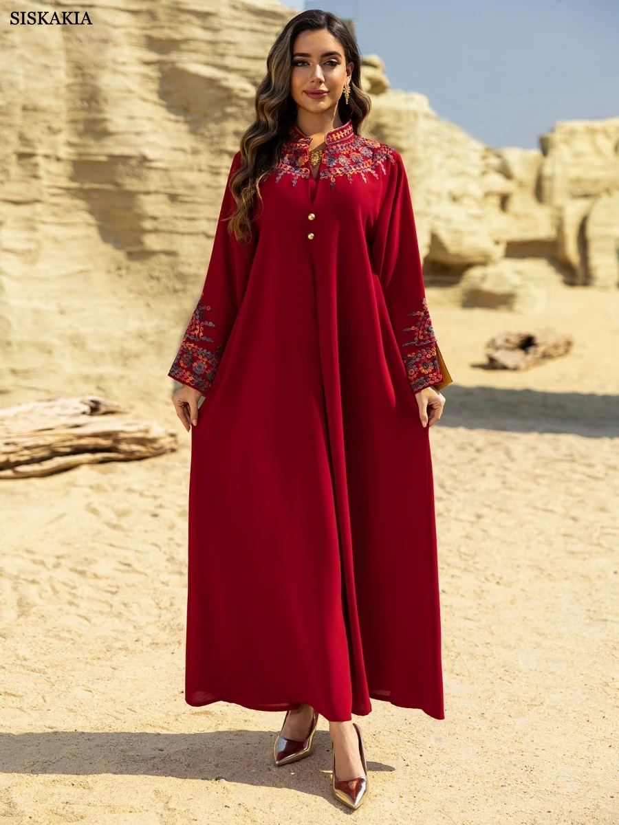 

Siskakia New Elegant Embroidery Maxi Dress Dubai Embroidered Sleeve Abaya Fashion Long Dresses Modest 2025
