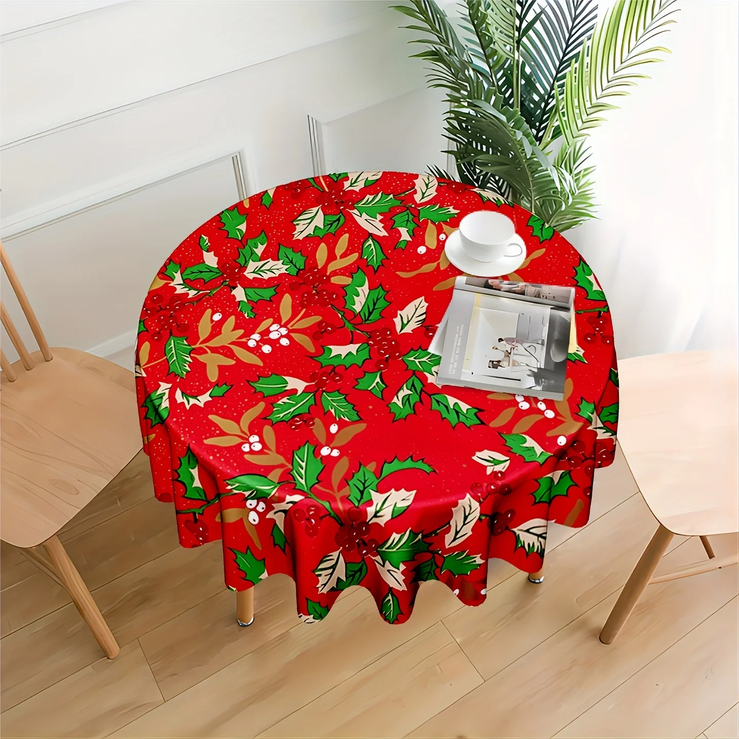 1pc Red Green Poinsettia Holly Berry Round Tablecloth with Golden Dots - Elegant Polyester Fabric Christmas Table Cover