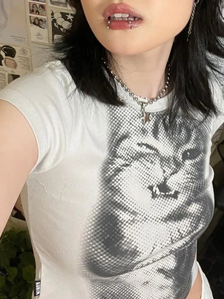 wild cat print low pixel round neck short sleeved T-shirt retro versatile slimming short top image 5