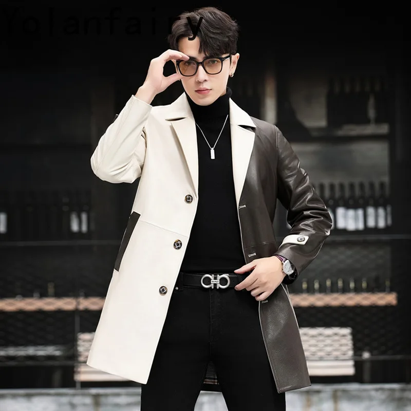 YOLANFAIRY Sheepskin Genuine Leather Jacket Men Mid - Length Windbreaker Coats Autumn Winter Mens Clothing Ветровка Мужская