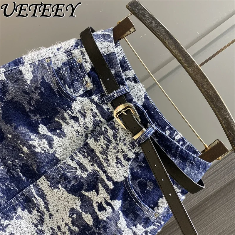 Retro Smudge Denim Short Skirt Summer New High Waist Slimming Foreign Jacquard Anti-light Hip-wrapped Mini Skirts for Women