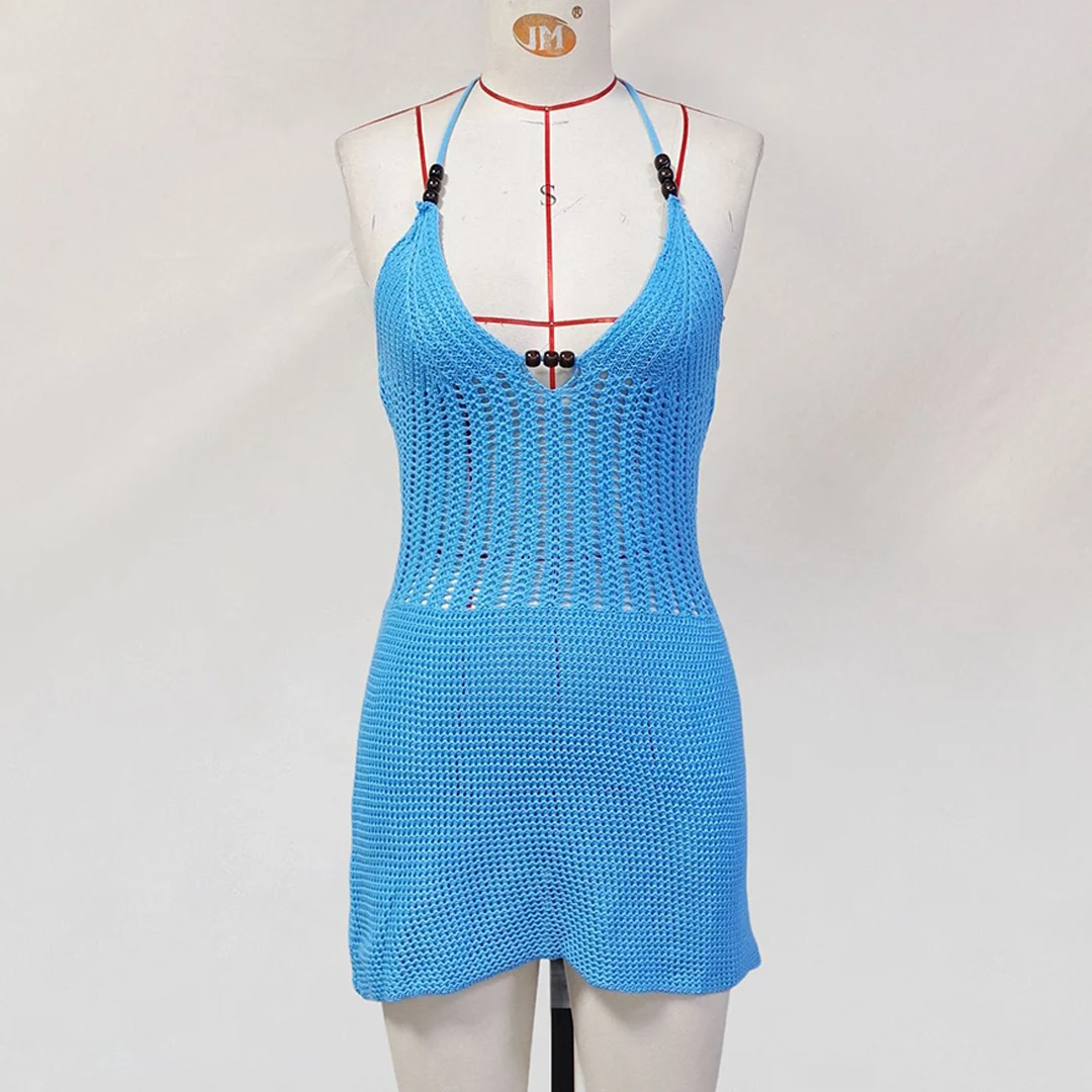 Schlankes, figurbetontes, gehäkeltes, gestricktes Strandkleid für Damen, Neckholder-Minikleid, Sommerkleid mit Ausschnitten, V-Ausschnitt, rückenfrei, sexy Partykleid V6210 – Detail 33