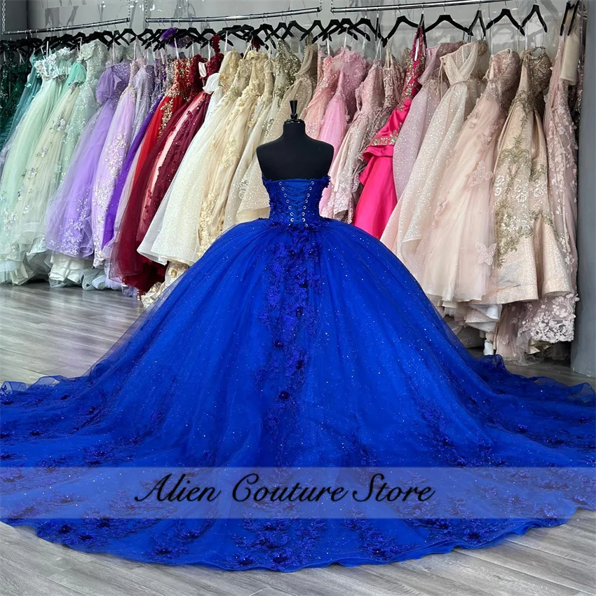 Prachtige Koningsblauwe Qinceanera Jurk Bloemen Appliques Kralen Prinses Vestidos Baljurk Sweet 16 Vestidos De 15 Años