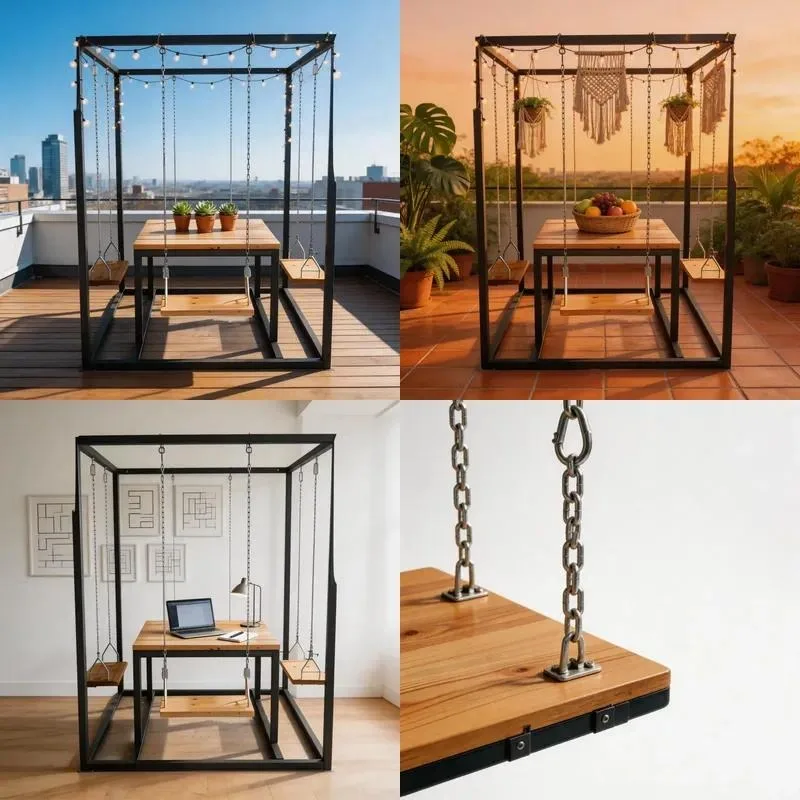 Seater Outdoor Rocking Dining Table Set Metal Frame Solid Wood Top Hanging Chair for Patio Cafe Garden