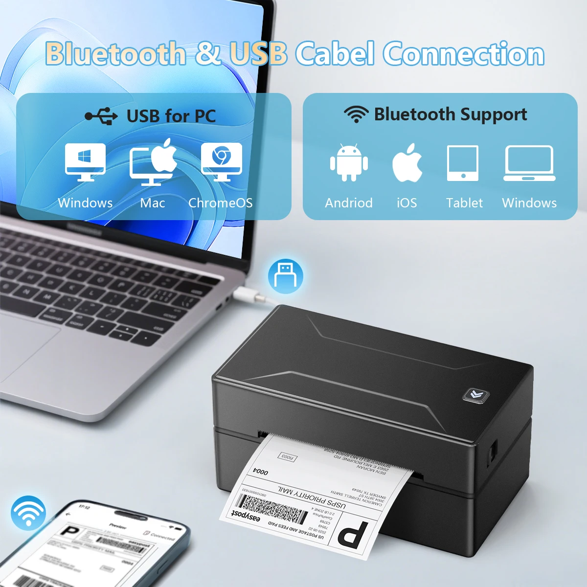 طابعة ملصقات شحن صغيرة بلوتوث D100 D200 طابعة حرارية محمولة 4X6 بوصة متوافقة مع نافذة iPhone Android Mac