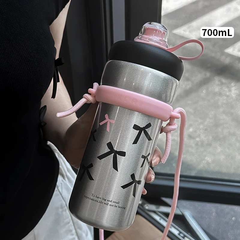 

700ml Bow Pattern Insulated Cup, High-value Coffee Cup, Outdoors Portable Dual Drink 304 Stainless Steel Vacuum Thermos Bottle