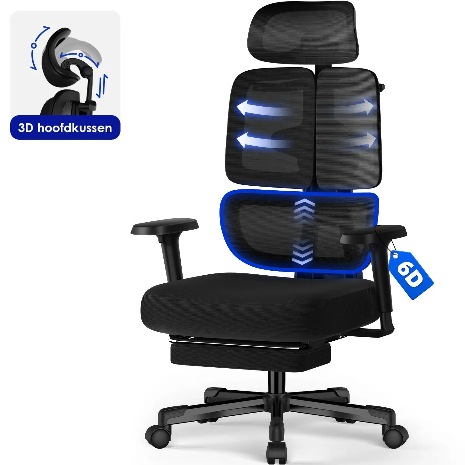 AUTHMIC Premium Ergonomischer Bürostuhl mit 6D-verstellbaren Armlehnen, 3D-Kopfstütze, 3-Zonen-Rückenlehne, 200 kg Tragkraft, Liegestuhl 90 ° -160 °