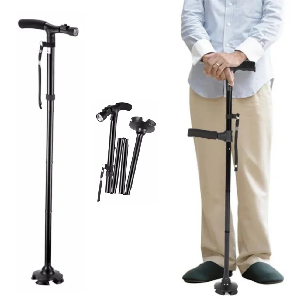 Folding Walking Stick With LED Light Adjustable Lightweight Collapsible Anti-Slip Walking Cane Old Men Crutch For The Elderly