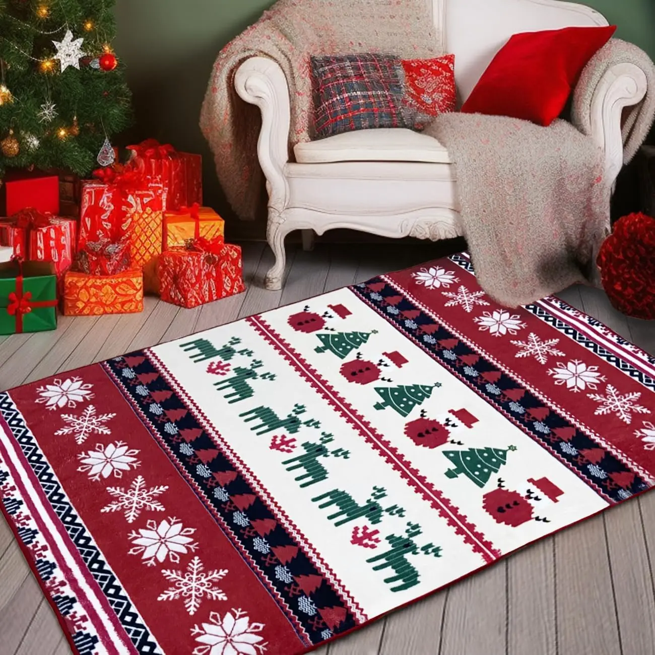 Christmas Area Rugs Machine Washable High Traffic Xmas Door Mat Non-Slip Floor Carpet for Living Room Dining Room Bedroom