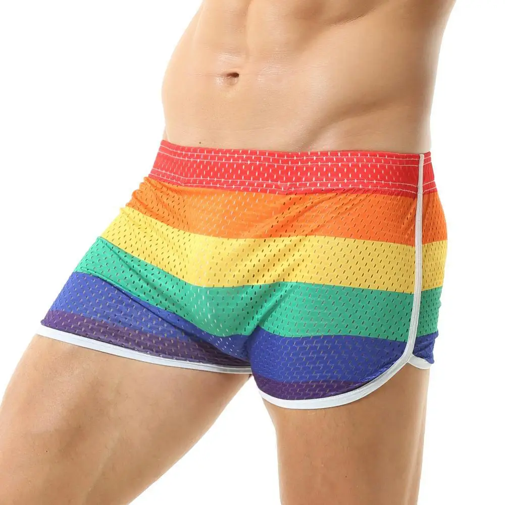 Men\'s Pajamas Shorts Skirts Breathable Mesh Elastic Underwear Boxer Shorts Sexy Homewear Men Sleep Bottoms Rainbow Shorts