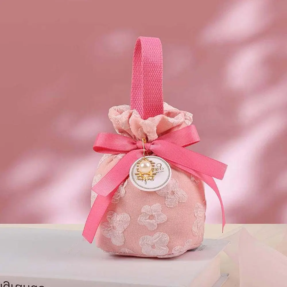 Sakura Canvas Floral Drawstring Bag Pearl Pendant Stripe Ribbon Bow Wrist Bag Storage Bag Large Capacity Festive Sugar Bag Party