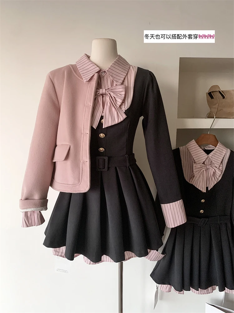 Women Korean College Preppy Mini Fake Two Pieces Shirt Dress Korean Shoujo Girl Bow Frock Long Sleeve One-Piece 2000s Sweet Y2k