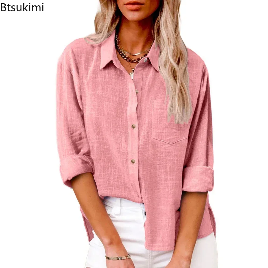 Plus Size 4XL 5XL Women\'s Summer Casual Cotton Linen Shirts Solid Pockets Slit Button Blouse Loose Long Sleeved Shirts Female