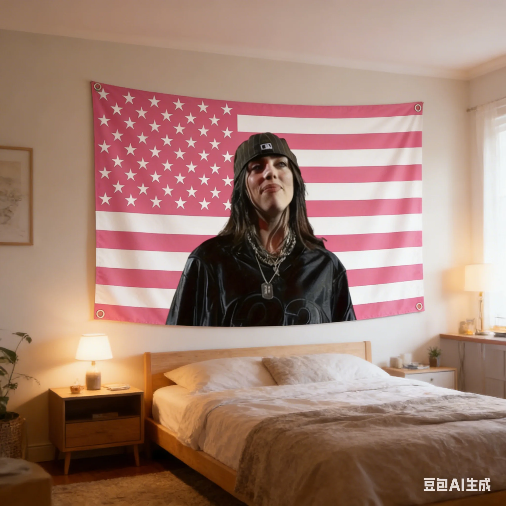 1pc Billie Eilish Pink USA Flag Tapestry, Polyester 2D Wall Art, All-Season Bedroom Living Room Wall Decor, Aesthetic Room Decor