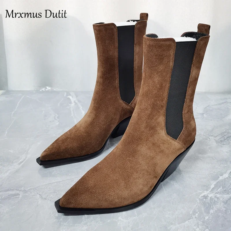 Mrxmus Dutit 2024 Autumn Winter Fashion New Women Genuine Leather Boots Rough Heel Pointed Head Simple Casual Vintage Female