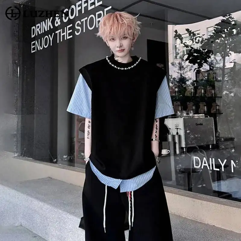 

LUZHEN 2026 Новая летняя мужская футболка с круглым вырезом и жемчужным декором, модный дизайн с эффектом двухслойности, JY6514