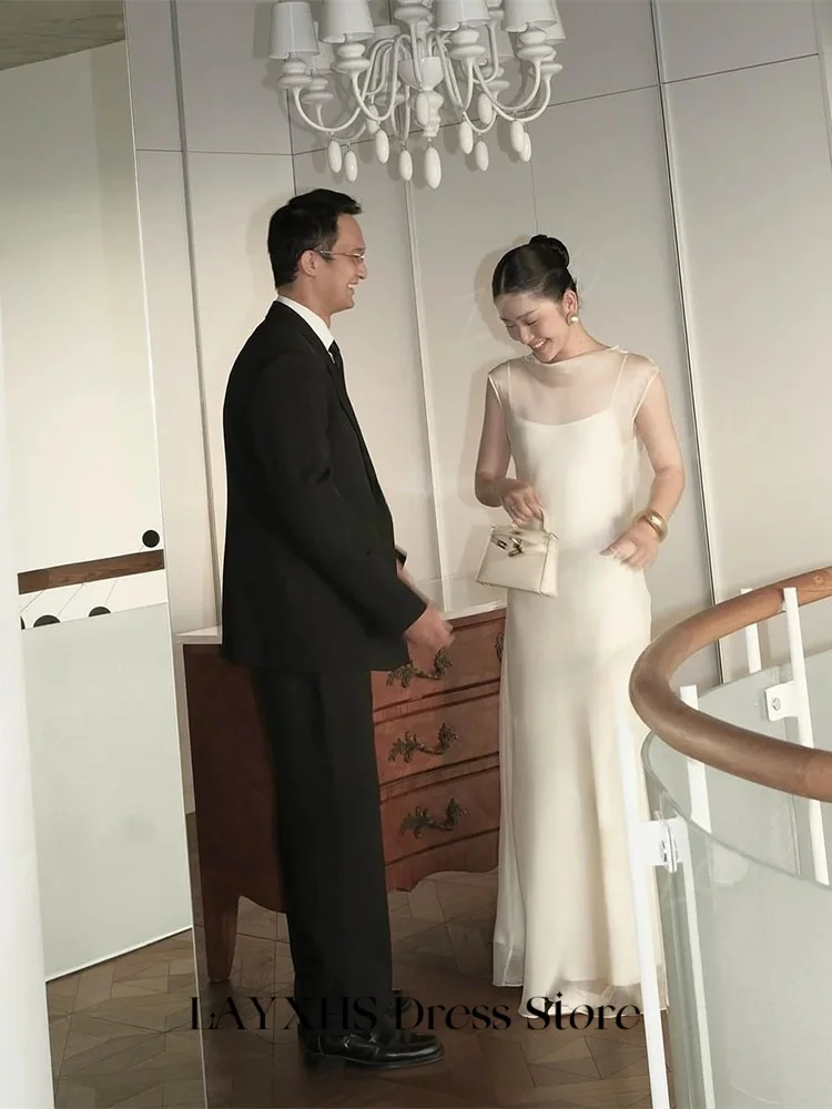 

LAYXHS Elegant Evening Dresses O-Neck Organza Sleeveless Mermaid Button Floor-Length Bridal Gowns Customized robes de soirée