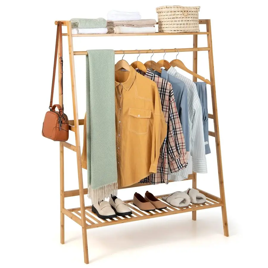 

3 Tier Bamboo Clothing Rack with Shelves, Heavy Duty Freestanding Clothes Organizer Rack with Coat Hooks, Antitoppling Device,