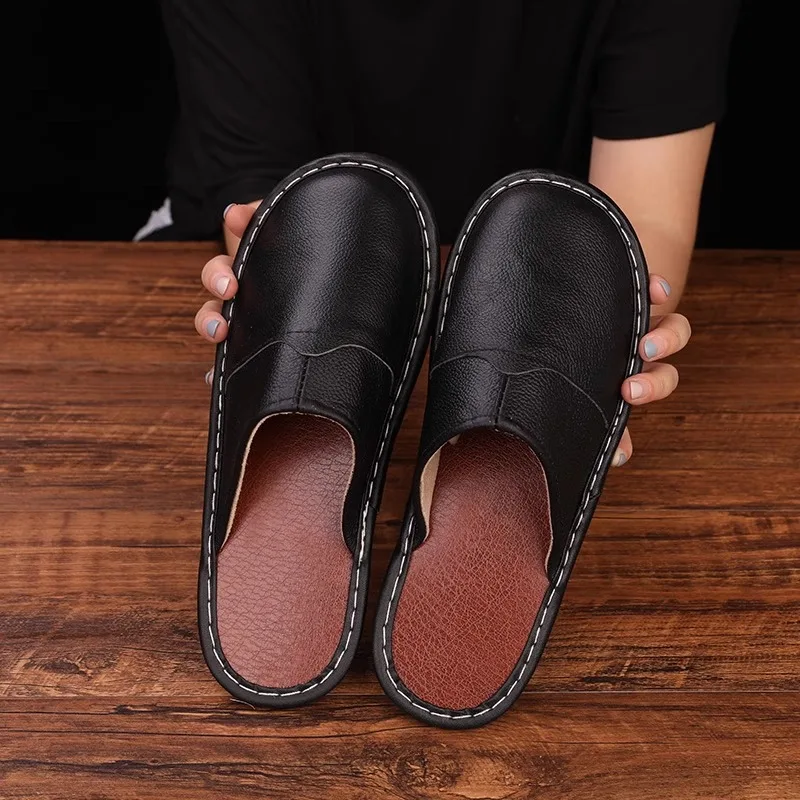 

2025 classic PU leather slippers for man waterproof men's slippers house man bathroom slippers male chanclas de hombre