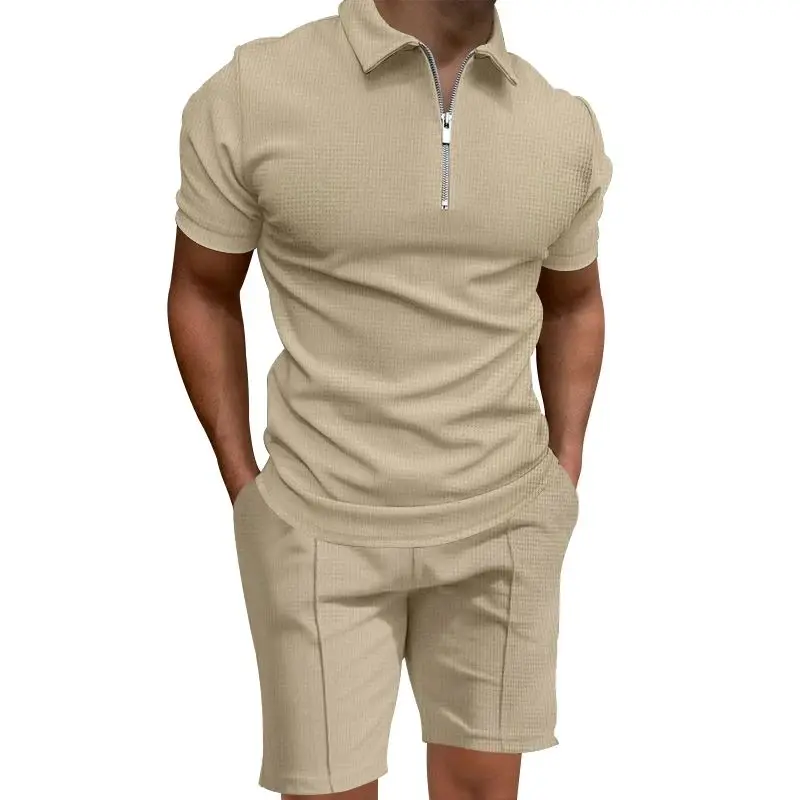 

2024 Men's Summer Shirt Set Color Waffle Cross Border Special Wide Fit Fleece Lined Thickened Collar Nine Sleeve Length