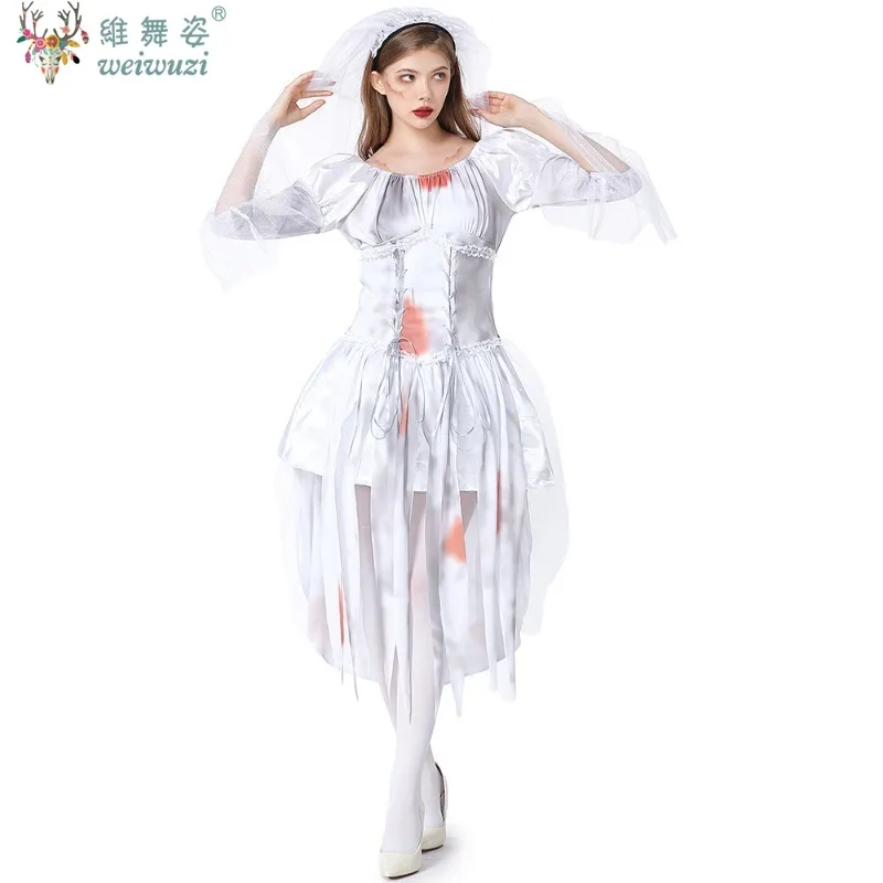 Adult Couple Horror Blood Stained Ghost Bride Bridegroom Cosplay Costume Women Halloween Stage Play Performance Fantasy Outfits