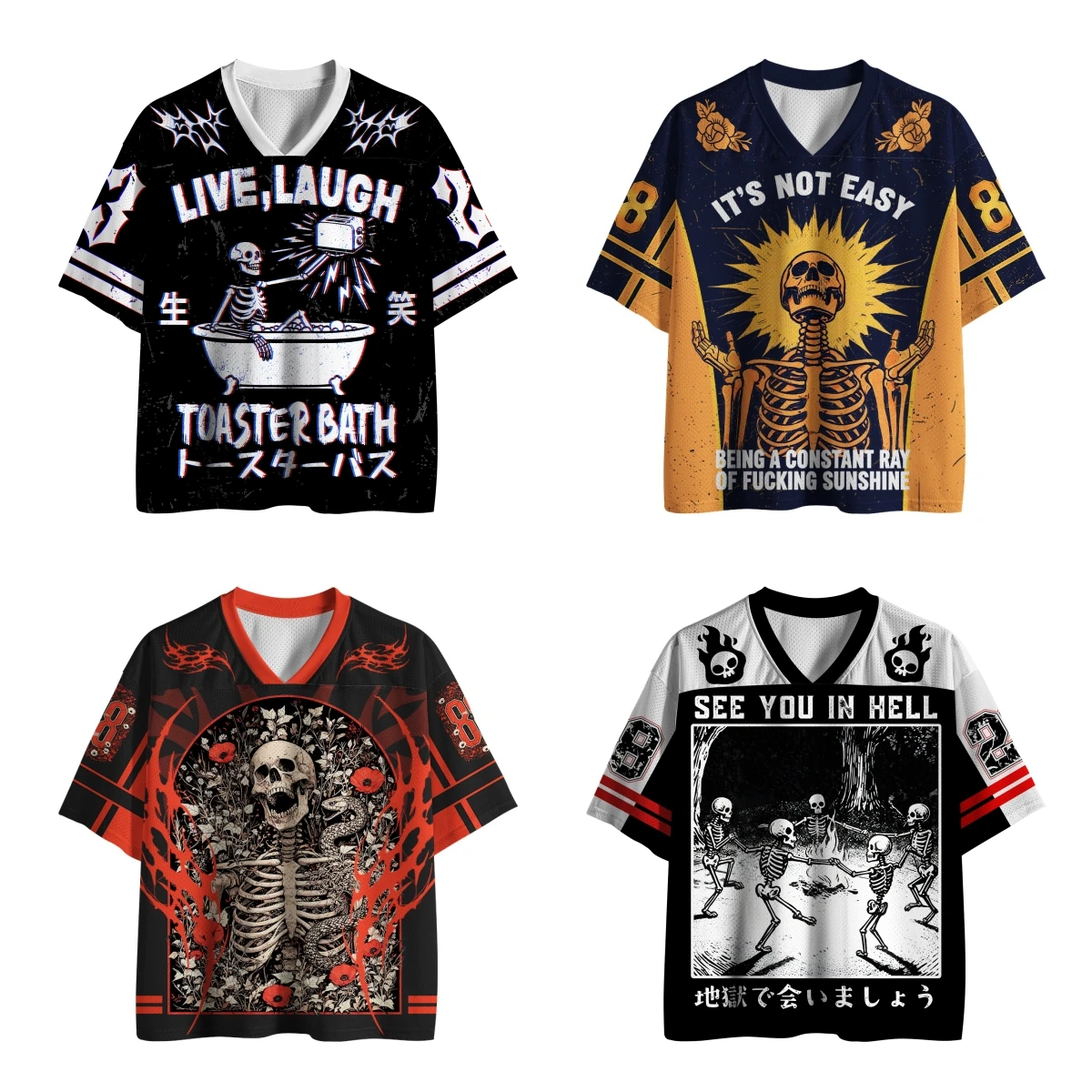 2026 Hotsale Dark Humor Gothic Mesh Jersey Bundle,4 Styles Funny Skeleton Graphic Unisex V-Neck Sports Tee, Halloween Streetwear