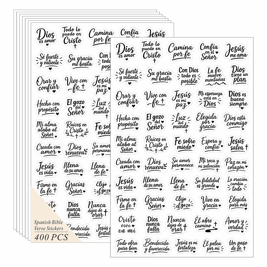400 Pcs Spanish Bible Verse Stickers Inspirational Christian Faith Quote Labels Minimalist Black White Stickers for Scrapbooking