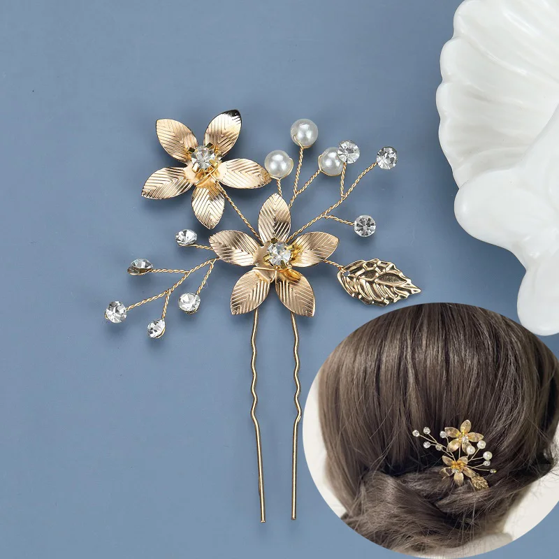 Women Bride Prom Hair Ornaments Simulated Pearl Gold Flower Bridal Hairpin Crystal Hair Pin Hair Sticks Wedding Hair Accessories