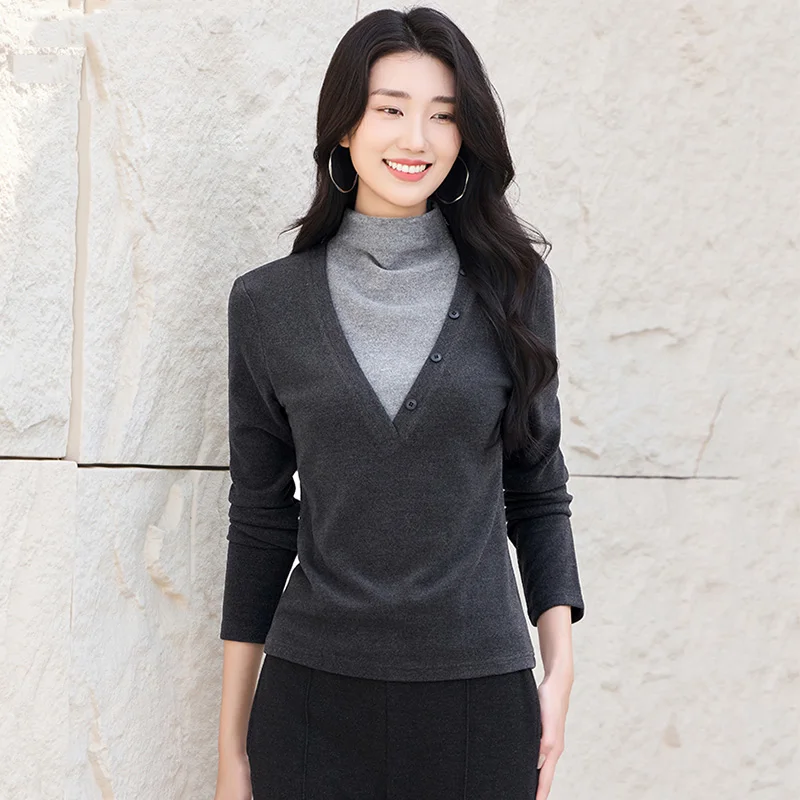 

New Women Autumn Winter Basic T-shirt Fashion Half High Collar Long Sleeve Patchwork Bottoming T-shirt Casual Slim Waist T-shirt