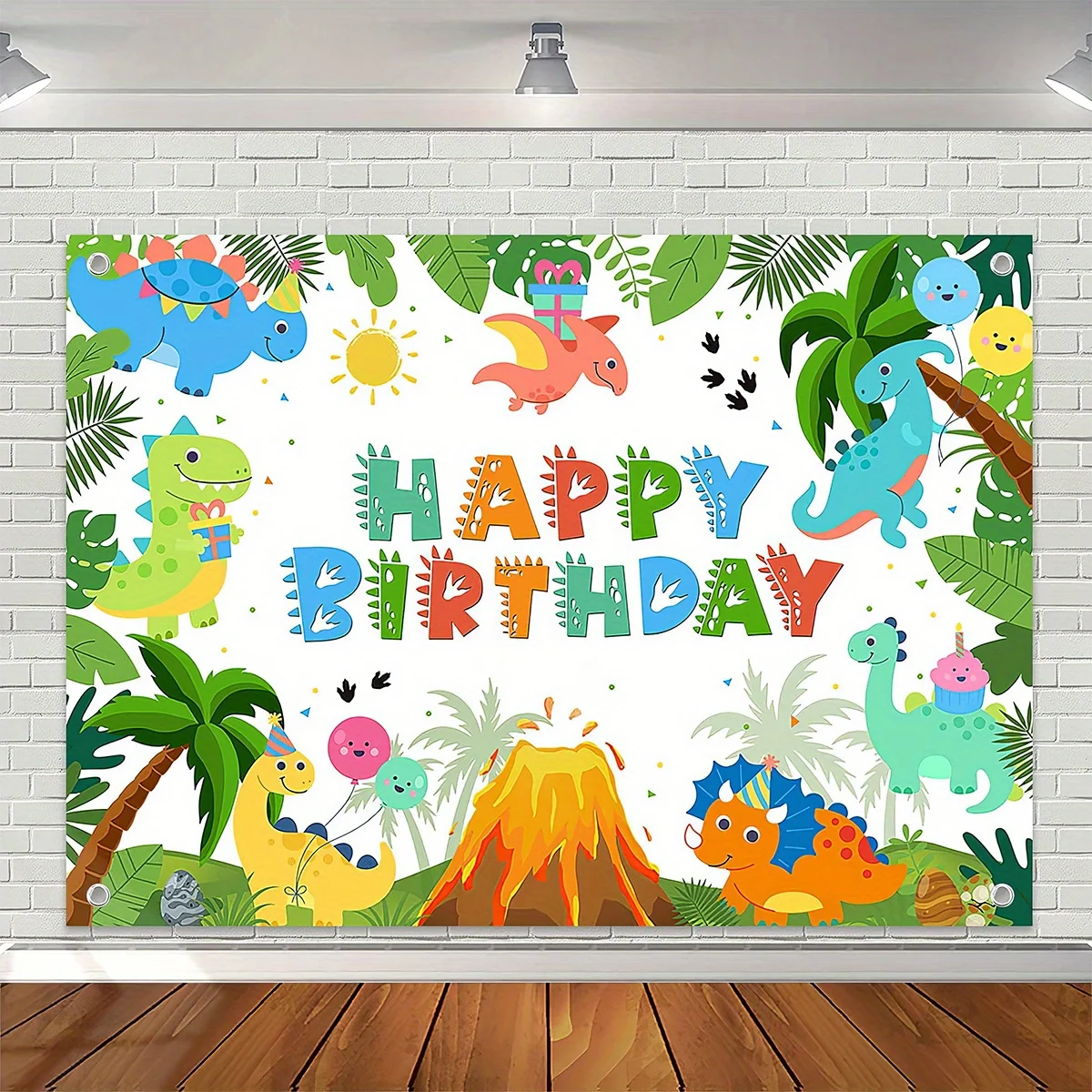 Cartoon Dinosaur Jungle Balloon Cake Volcano Pattern Backdrop - Perfect for Birthday Parties and Outdoor Photography