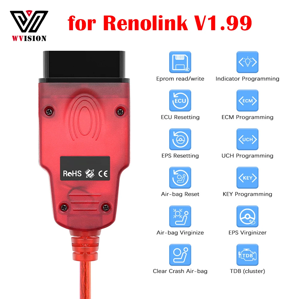 

ECU Программатор для Renault Renolink V1.99, диагностический интерфейс OBD2, автомобильный инструмент, пневматический пакет, сброс ключа, кодирование ECM UCH чип, кабель для настройки