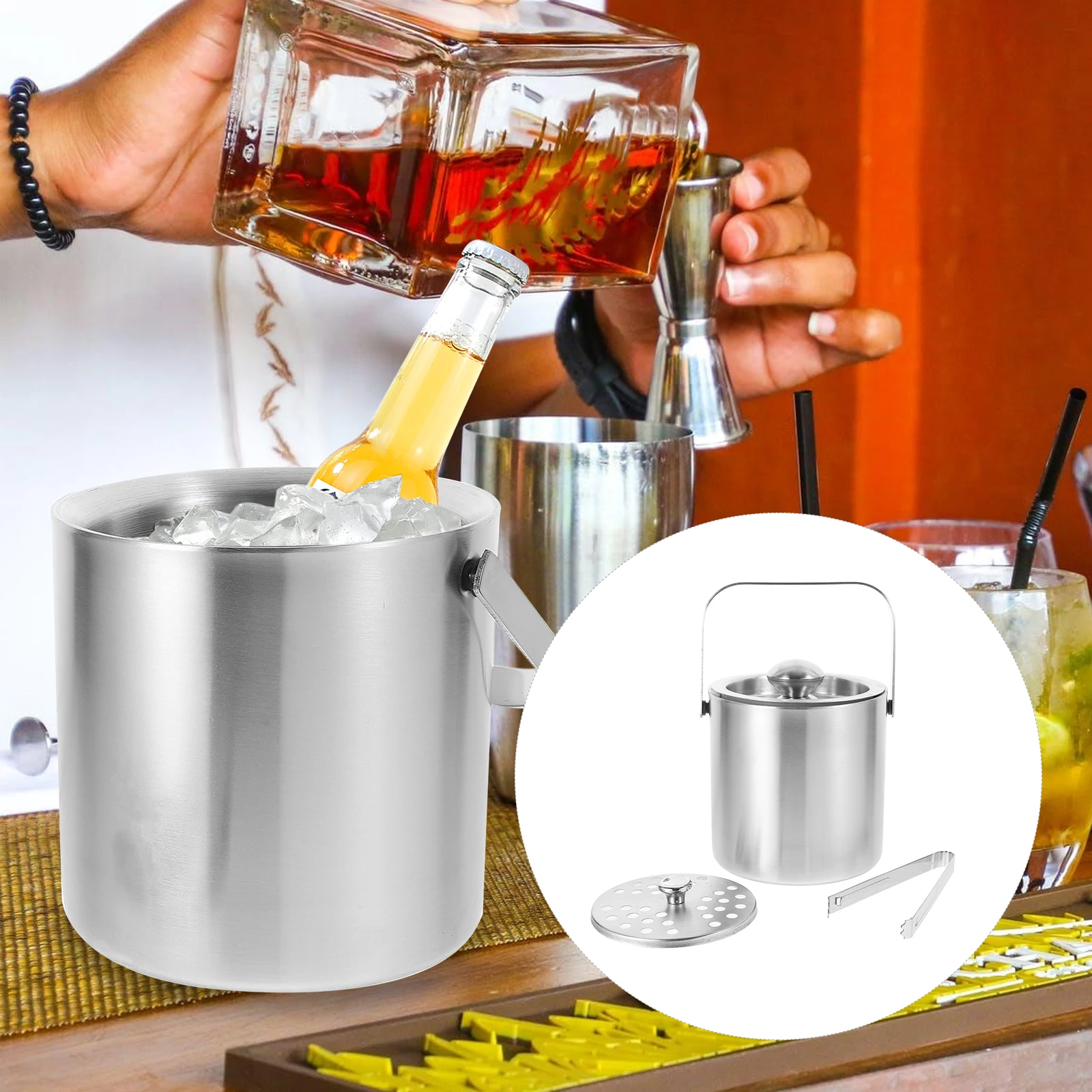 

Ведро для льда из нержавеющей стали 1,3 л, двухслойные утолщенные щипцы для крышки, аксессуары для коктейлей и бара, металлическое ведро