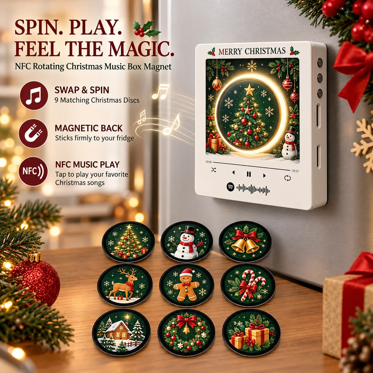 Xmas Fridge Magnet Music Box Acrylic Music Player 9 Replaceable Discs Ambient Night Light Refrigerator Ornament Christmas Gift