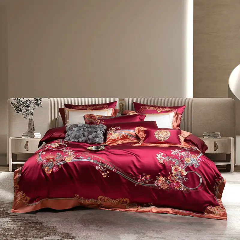 4/6/9Pcs Flowers Embroidery Sateen Brocade Egyptian Cotton Luxury Bedding Set Queen King Size Duvet Cover Bed Sheet Pillowcases