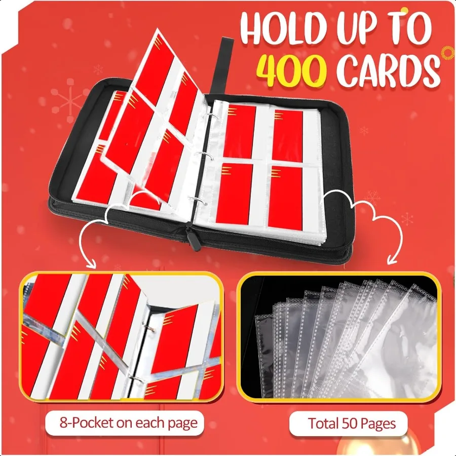 카드 바인더 4포켓 수집용 트레이딩 카드 앨범 400장 수납 가능 50개의 탈부착 가능한 슬리브 포함 휴대용 트레이딩 카드 바인더