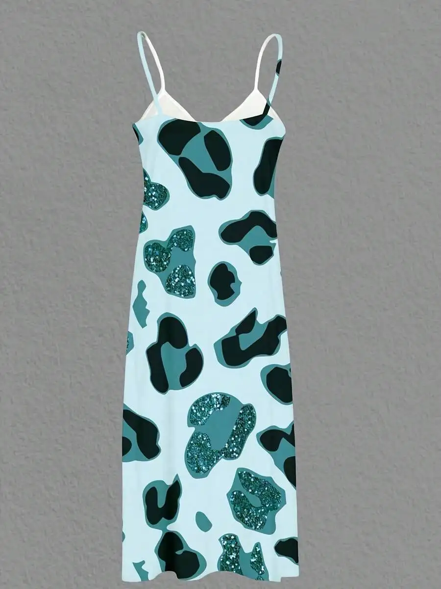 

Women Sleeveless Maxi Dress Light Blue Leopard Print With Glitter Details Summer Beach Outfit